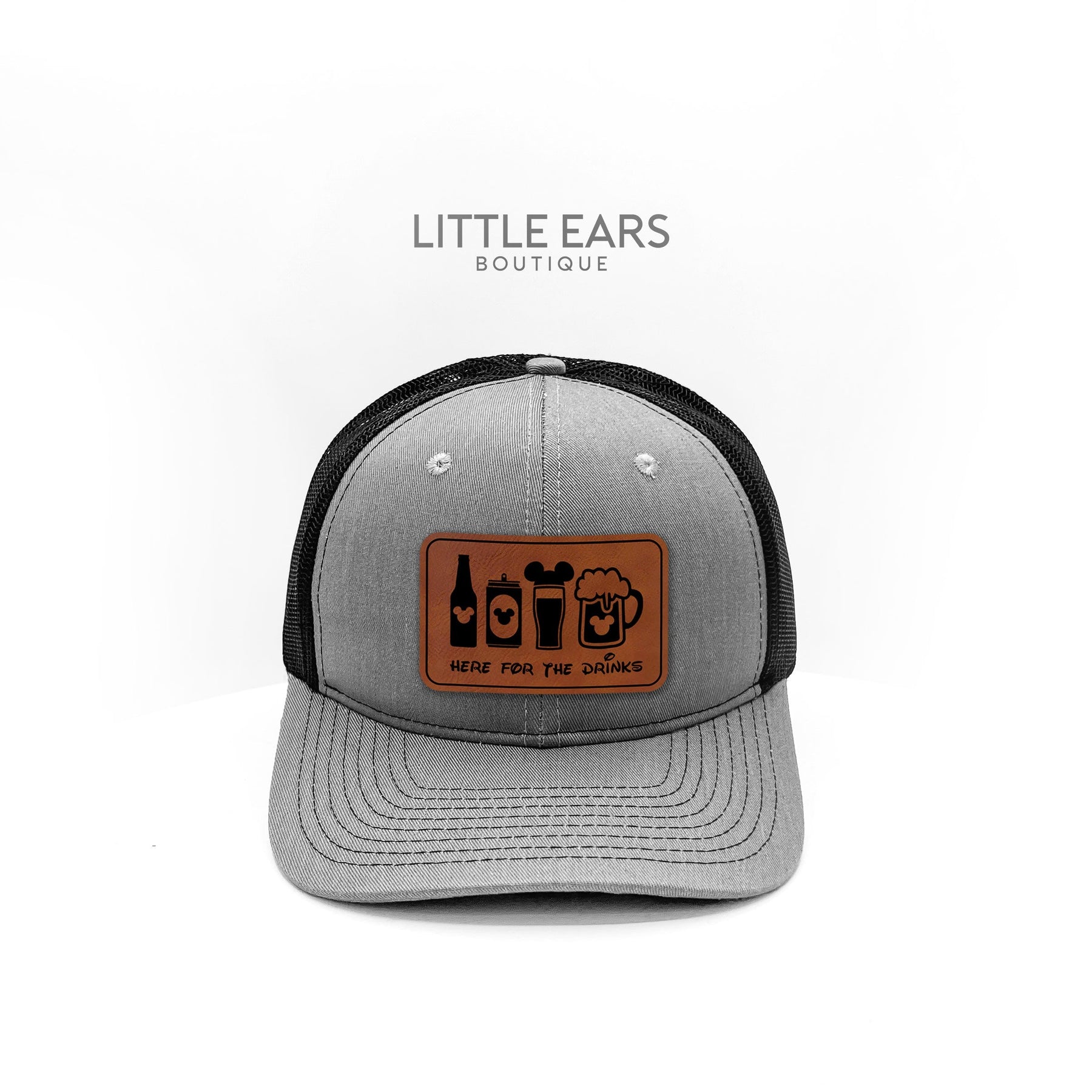 Here for the Drinks Trucker Hat by Little Ears Boutique, Southern lifestyle apparel main product photo