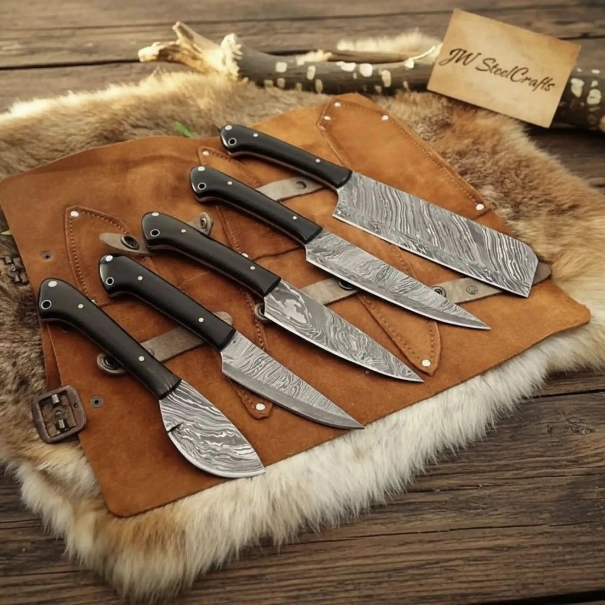 5-Piece Damascus Kitchen Knife Set — Chef, Cleaver, Santoku, Utility & Paring with Dark Rosewood Handles & Leather Roll by JW SteelCrafts, Damascus knife main product photo