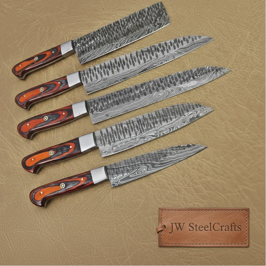 5-Piece Handmade Damascus Kitchen Knife Set with Red Pakka Wood Handles by JW SteelCrafts, Damascus knife main product photo