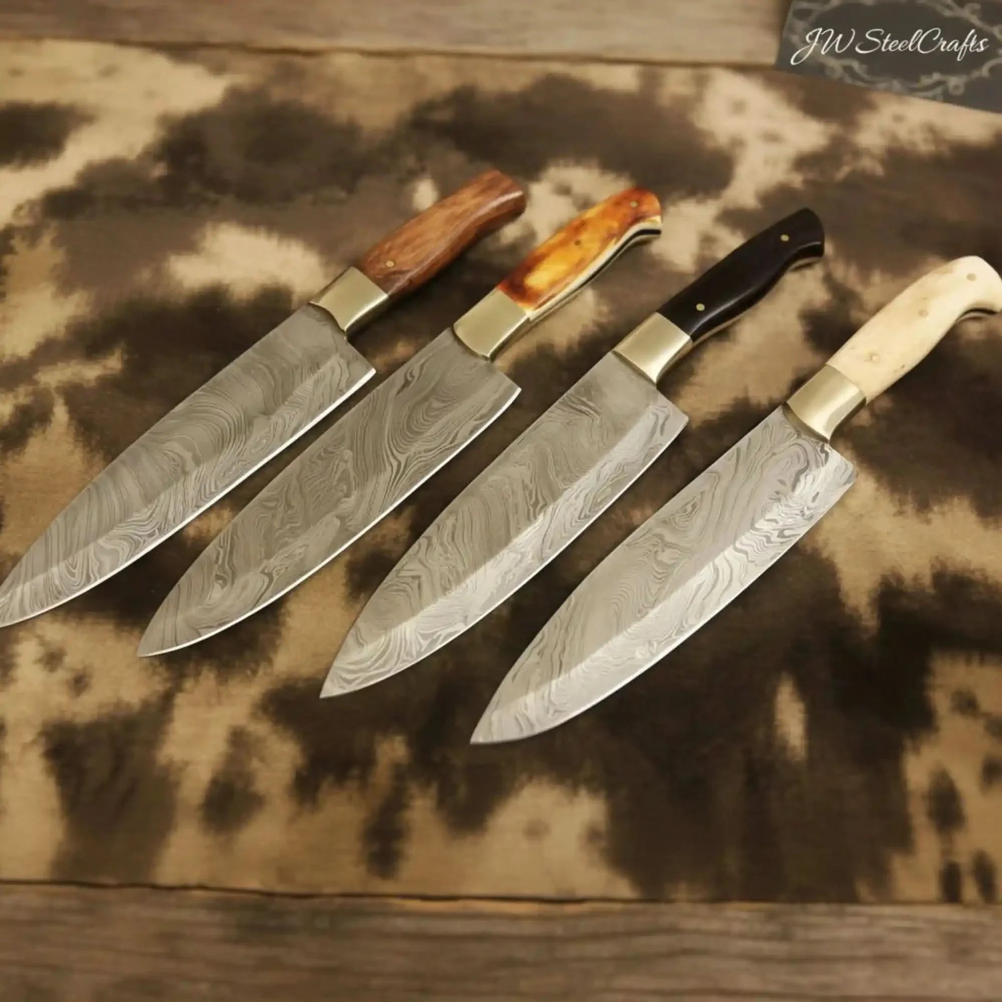 Handmade Damascus Chef Knife Set with Mixed Handles and Brass Bolsters by JW SteelCrafts, Damascus knife main product photo