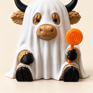 Detailed close-up of ghost costume folds, cow hooves, and orange lollipop