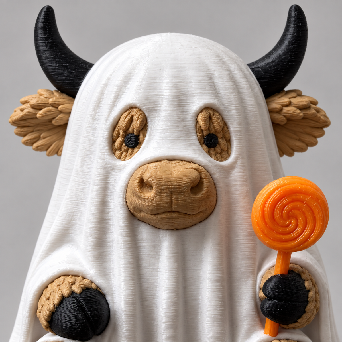 Close-up of Highland cow ghost figurine face, horns, and lollipop