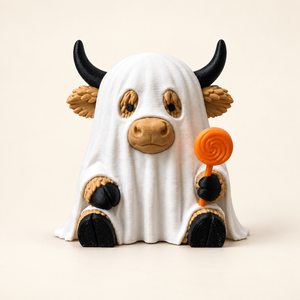Highland cow ghost Halloween figurine holding an orange lollipop
