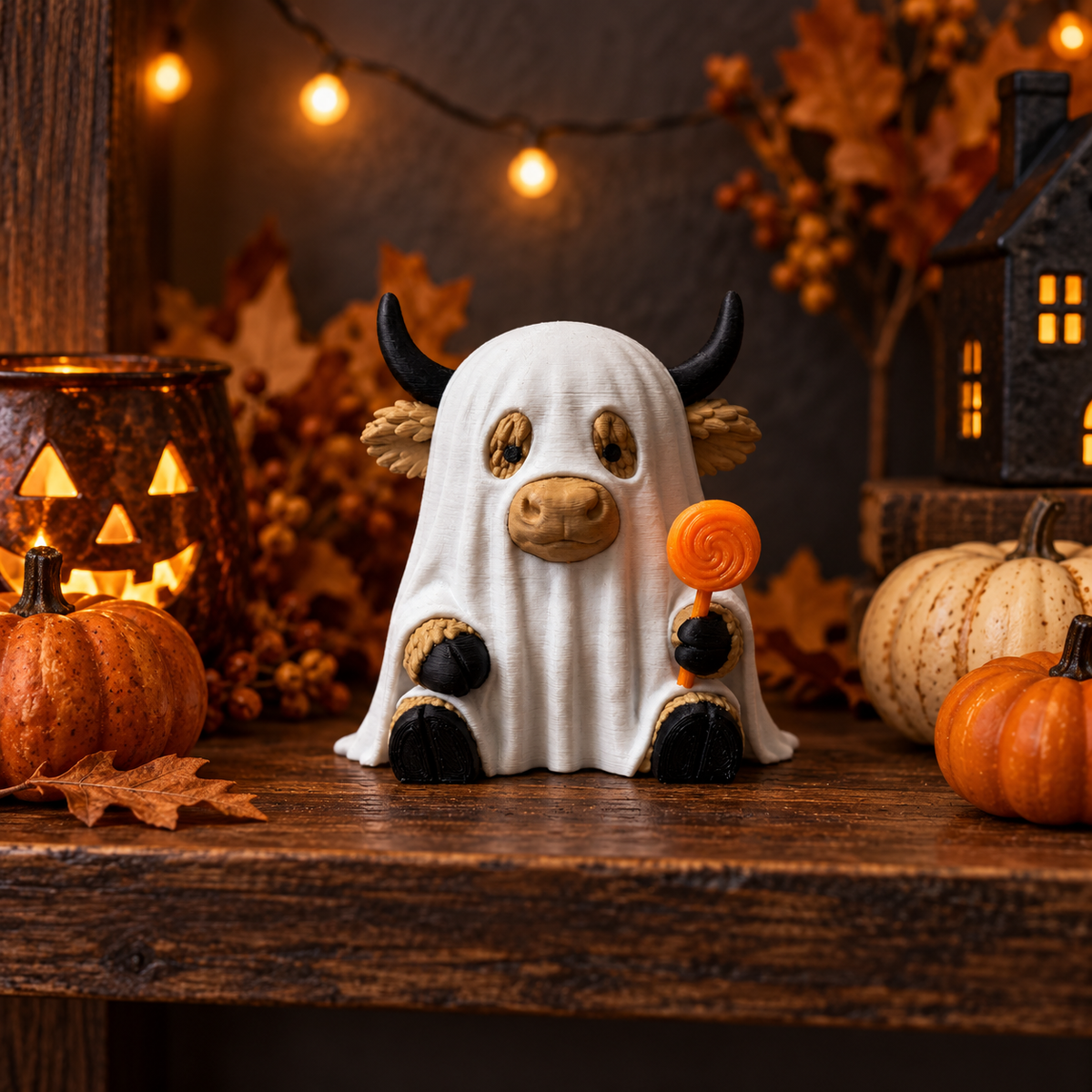 Highland cow ghost figurine styled with pumpkins and warm Halloween lights