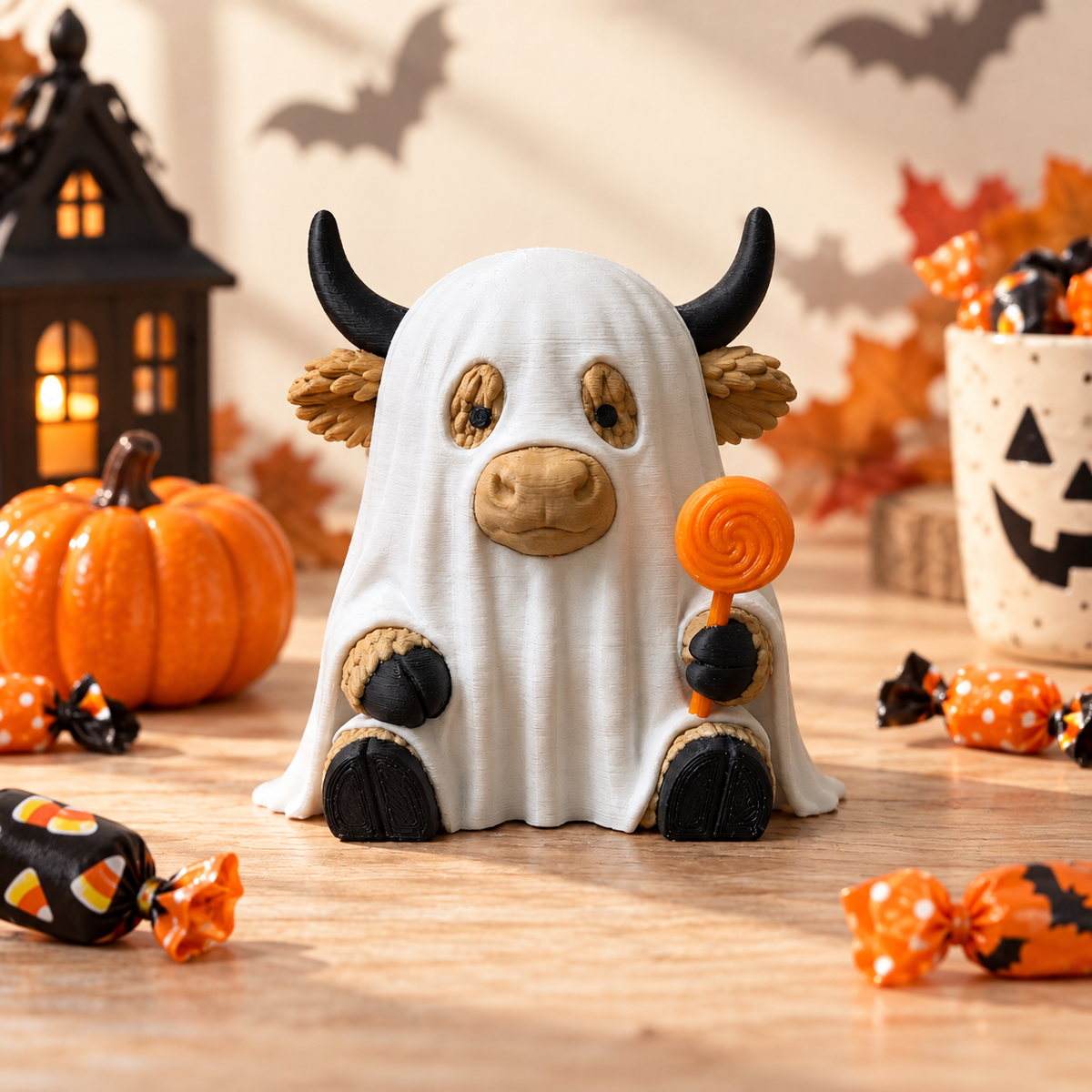 Highland cow ghost figurine in a playful trick-or-treat Halloween display