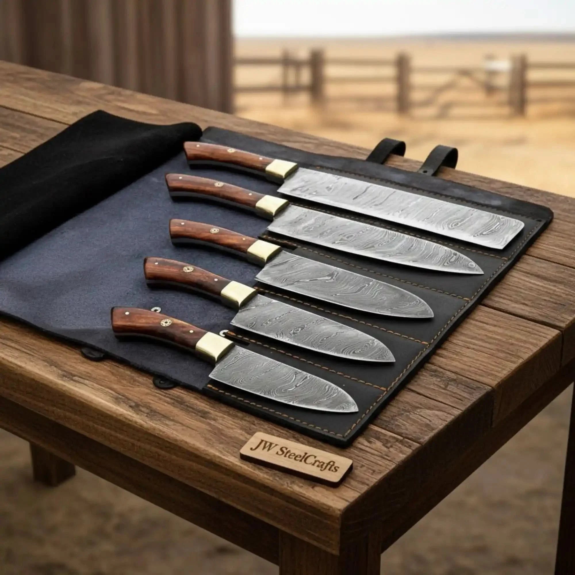 JW SteelCrafts 5 Piece Damascus Kitchen Knife Set Chef Santoku Utility and Paring Knives Pakka Wood Handle with Leather Knife Roll Professional Cookin by JW SteelCrafts, Damascus