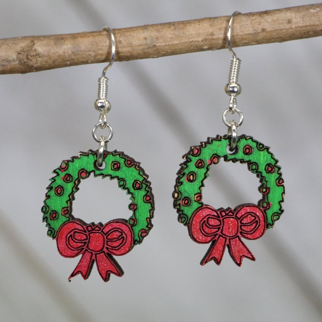 Christmas Wreath Wooden Dangle Earrings | Holiday Jewelry