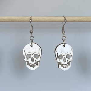 Human Skull Wooden Dangle Earrings | Gothic Halloween Jewelry