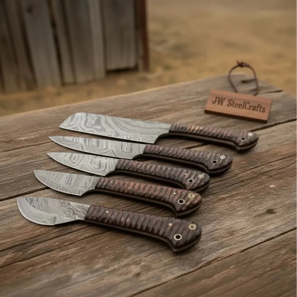 Artisan 5-Piece Damascus Chef Knife Set with Brown Pakka Wood Handles and Lanyard Holes by JW SteelCrafts, Damascus knife main product photo