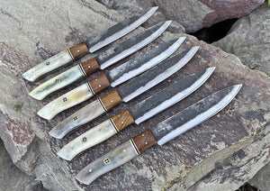 1095 Steel Steak Knife Set | 6-Piece | Colored Camel Bone Handle | Leather Roll