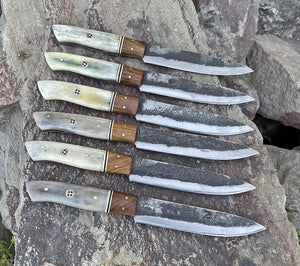 1095 Steel Steak Knife Set | 6-Piece | Colored Camel Bone Handle | Leather Roll