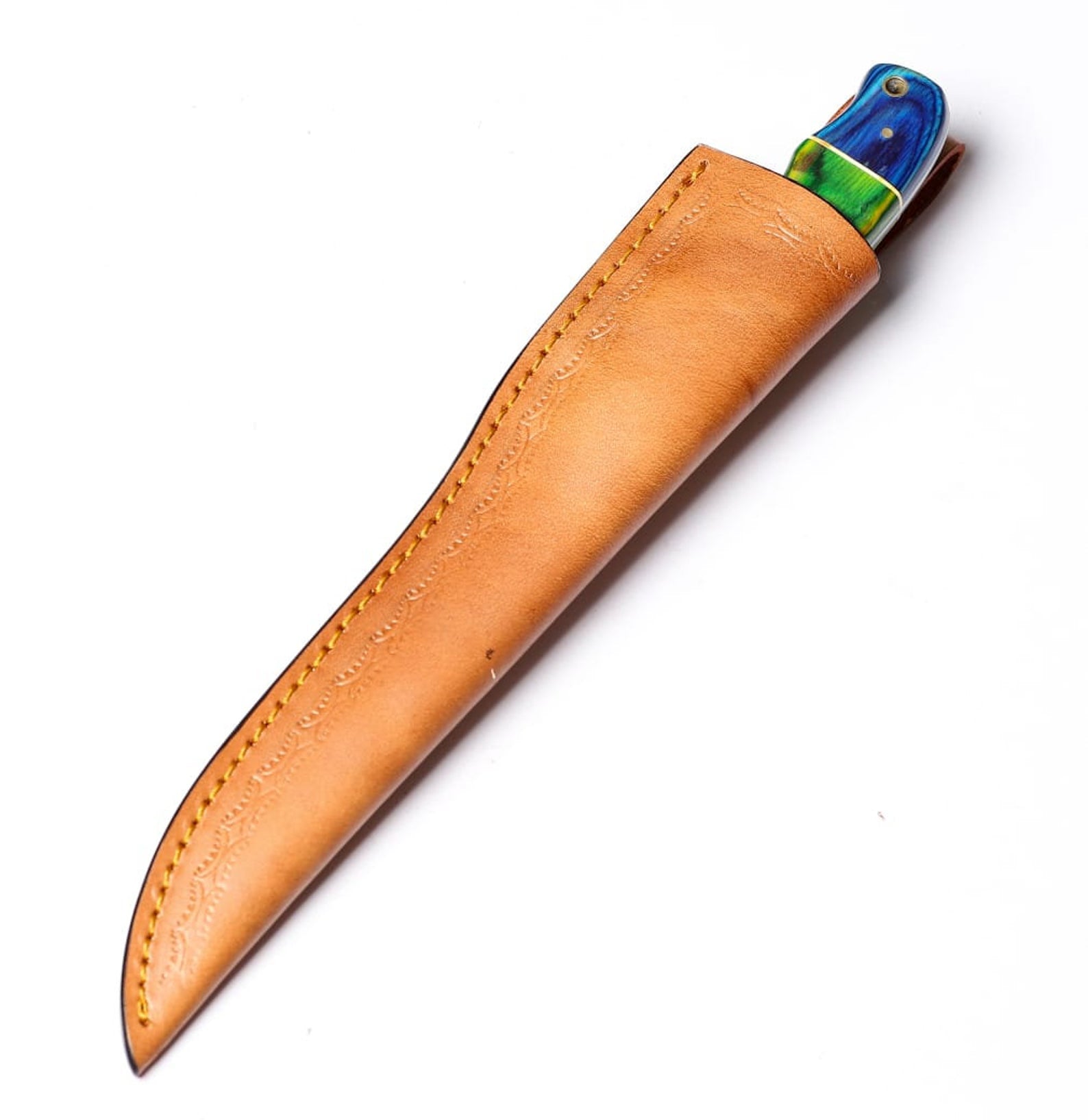 Handmade Damascus Steel Fillet Fishing Knife — Blue, Green Color Exotic Wood Handle