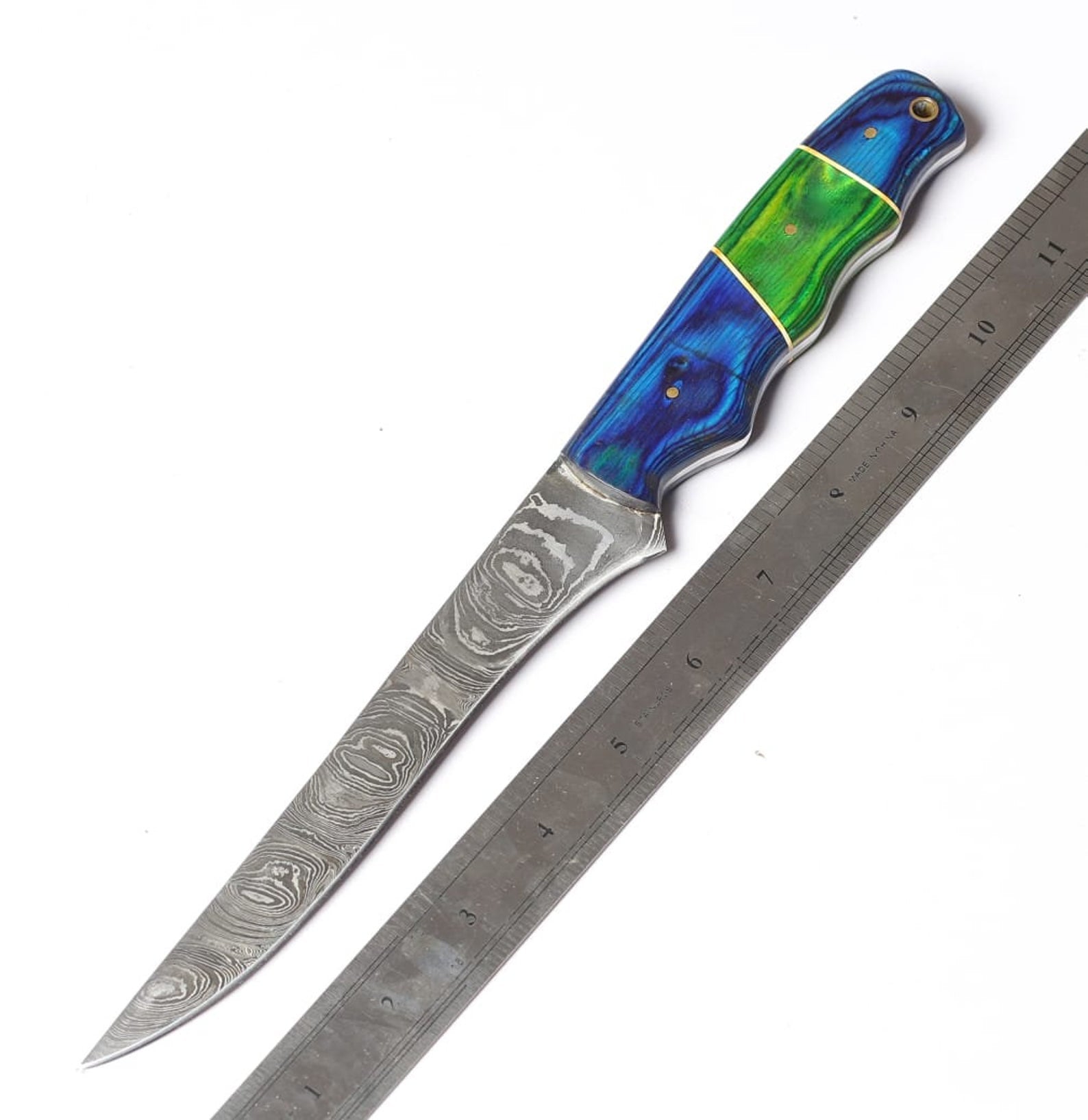 Handmade Damascus Steel Fillet Fishing Knife — Blue, Green Color Exotic Wood Handle