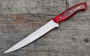 Handmade D2 Steel Fillet Fishing Knife — Red Resin Pinecone Handle