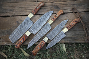 Damascus Chef Knife Set | 5-Piece | Twist Pattern | Rose Wood Handle