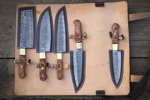 Damascus Chef Knife Set | 5-Piece | Twist Pattern | Rose Wood Handle