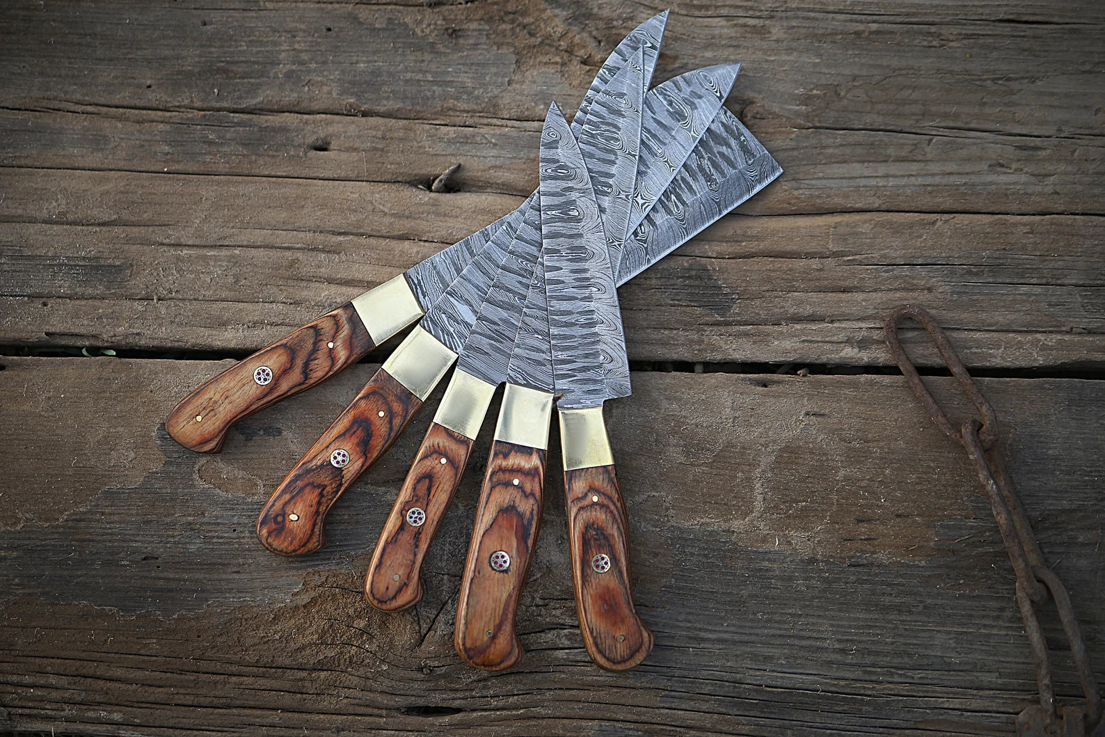 Damascus Chef Knife Set | 5-Piece | Twist Pattern | Rose Wood Handle