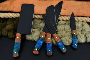Black Coated Chef Knife Set | 5-Piece | 1095 Steel | Olive Wood & Blue Resin Handle