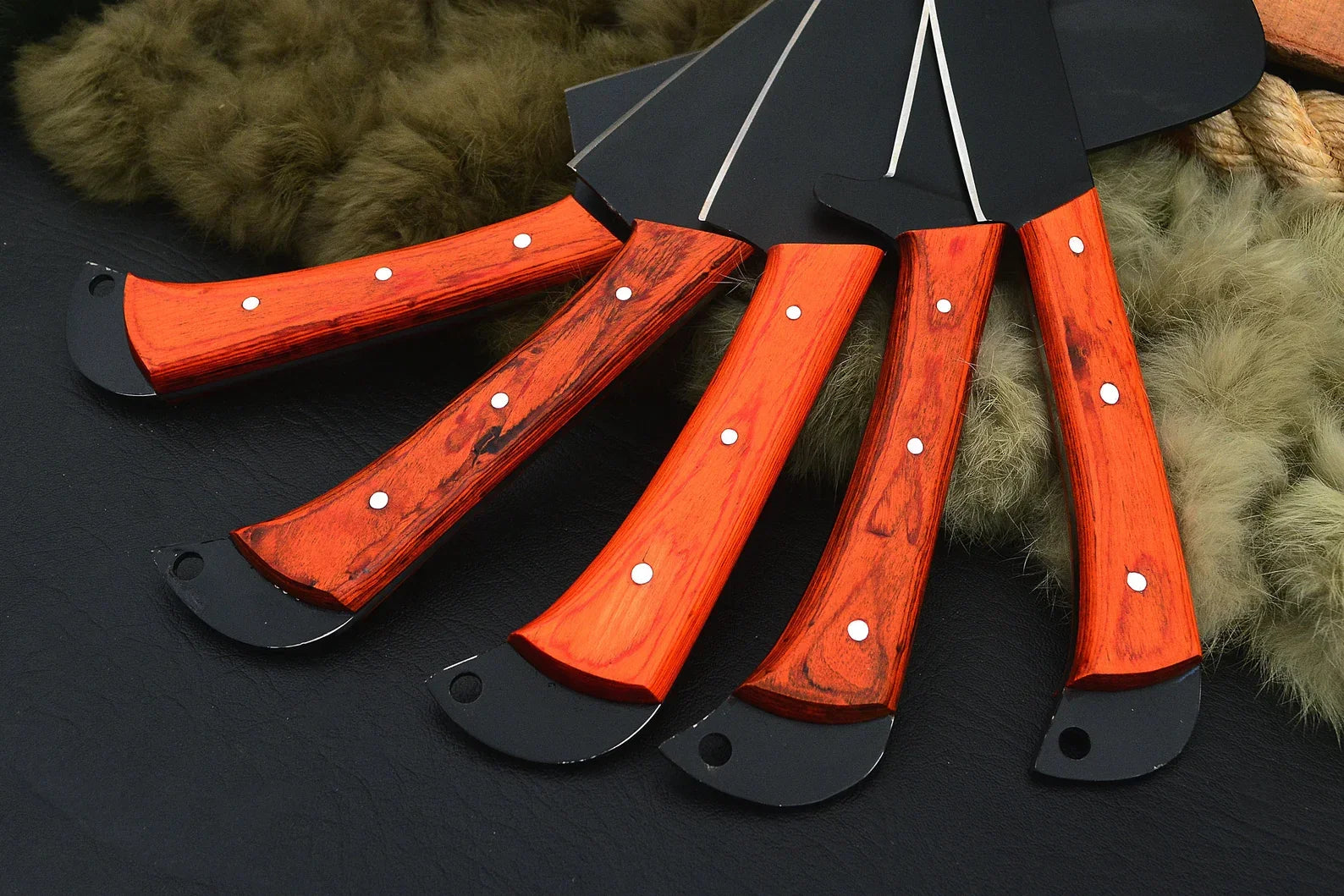 Black Coated Chef Knife Set | 5-Piece | 1095 Steel | Orange Exotic Wood Handle