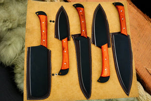 Black Coated Chef Knife Set | 5-Piece | 1095 Steel | Orange Exotic Wood Handle