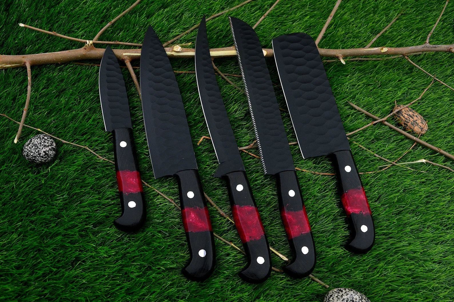 Black Coated Chef Knife Set | 5-Piece | 1095 Steel | Wenge Wood & Resin Handle