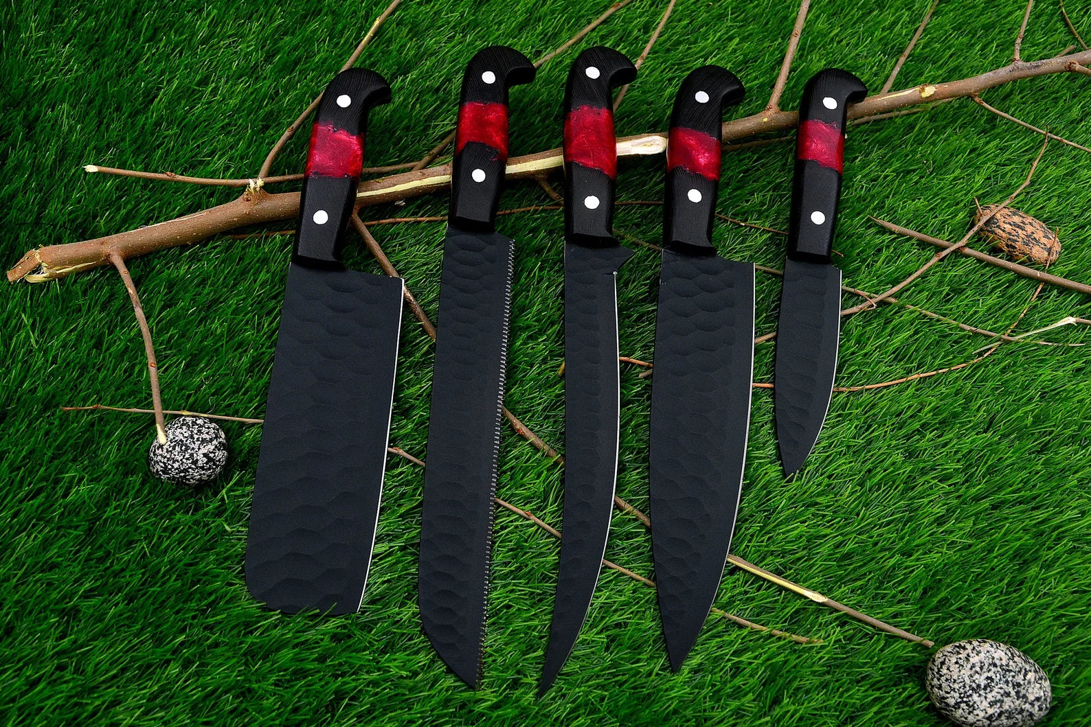 Black Coated Chef Knife Set | 5-Piece | 1095 Steel | Wenge Wood & Resin Handle