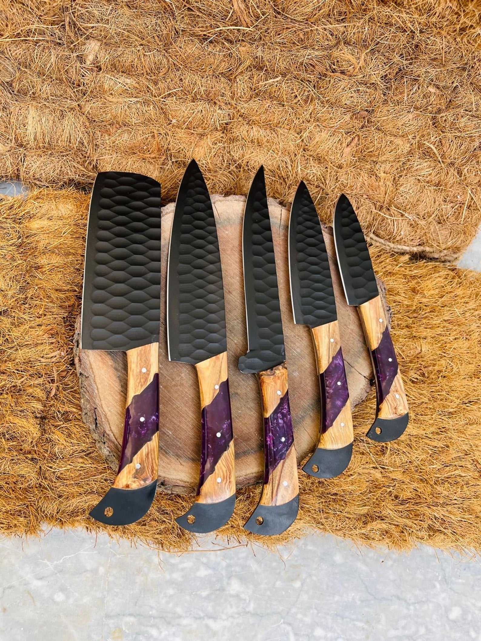 Black Coated Chef Knife Set | 5-Piece | 1095 Steel | Olive Wood & Purple Resin Handle
