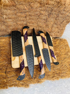 Black Coated Chef Knife Set | 5-Piece | 1095 Steel | Olive Wood & Purple Resin Handle