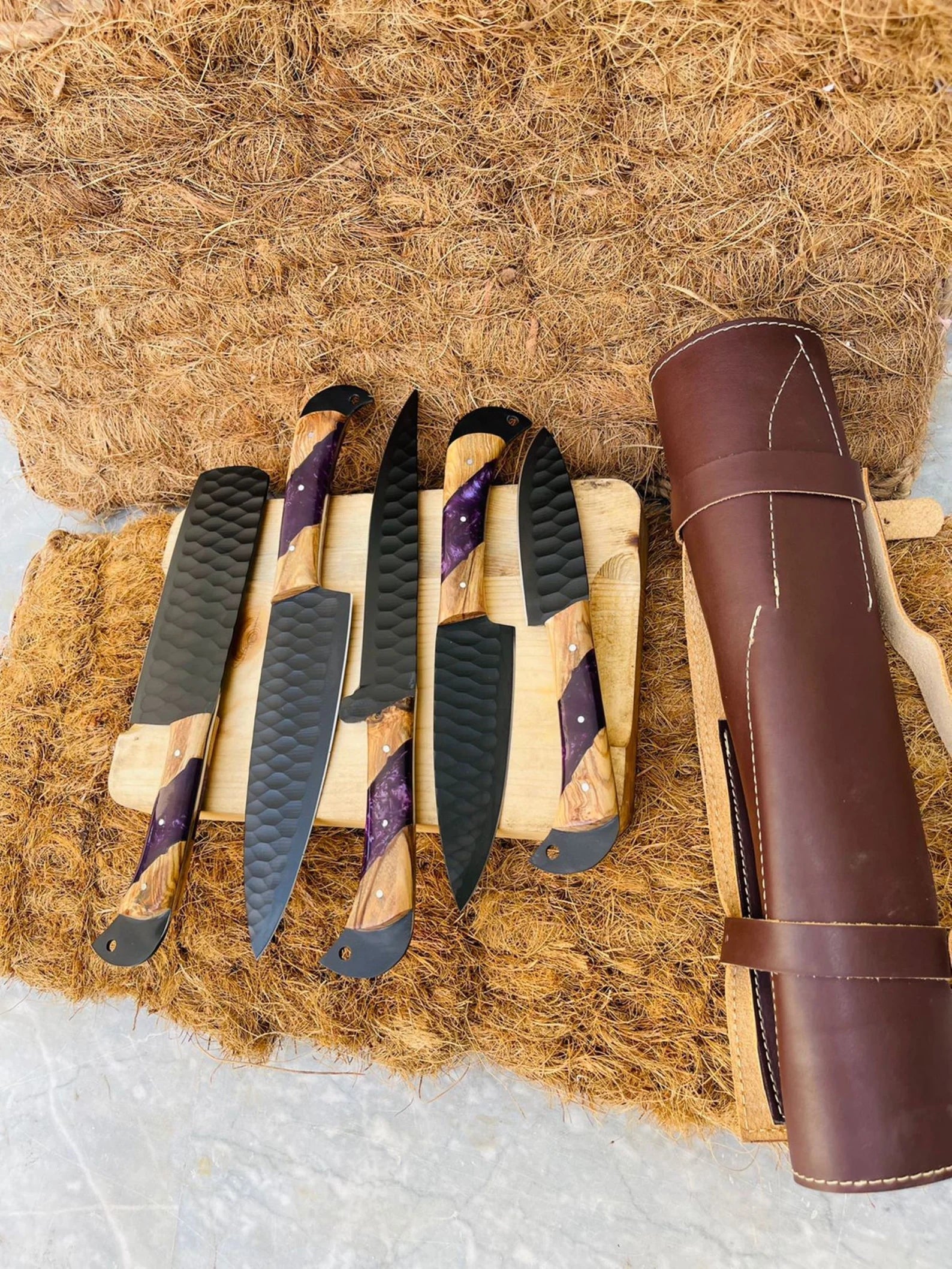Black Coated Chef Knife Set | 5-Piece | 1095 Steel | Olive Wood & Purple Resin Handle