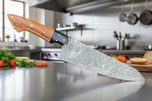 Damascus Chef Knife | 12.5" | Twist Pattern Damascus Steel | Olive Wood & G10 Handle | Leather Sheath