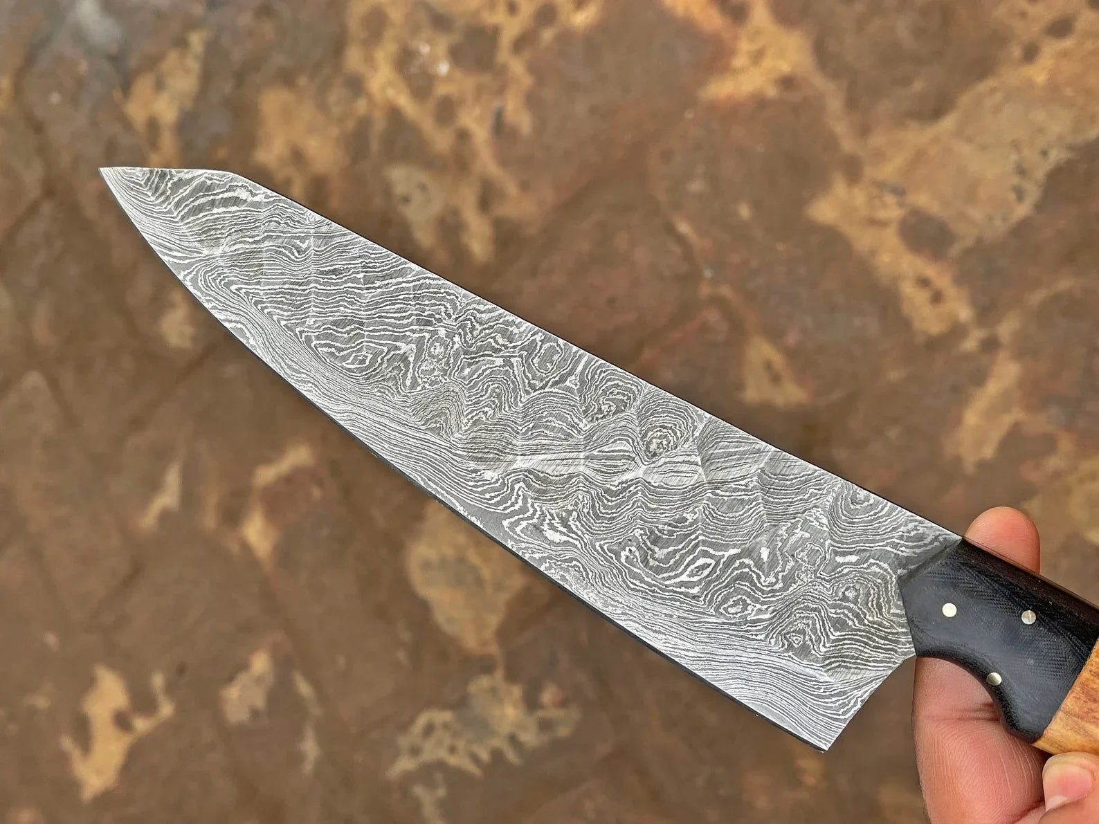 Damascus Chef Knife | 12.5" | Twist Pattern Damascus Steel | Olive Wood & G10 Handle | Leather Sheath