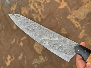 Damascus Chef Knife | 12.5" | Twist Pattern Damascus Steel | Olive Wood & G10 Handle | Leather Sheath