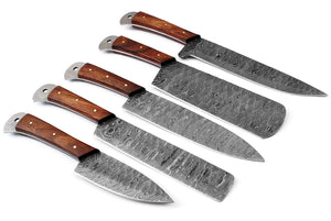 Damascus Chef Knife Set | 5-Piece | Twist Pattern | Rose Wood Handle
