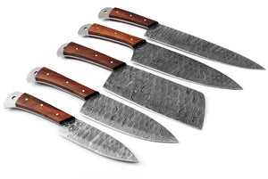 Damascus Chef Knife Set | 5-Piece | Twist Pattern | Rose Wood Handle