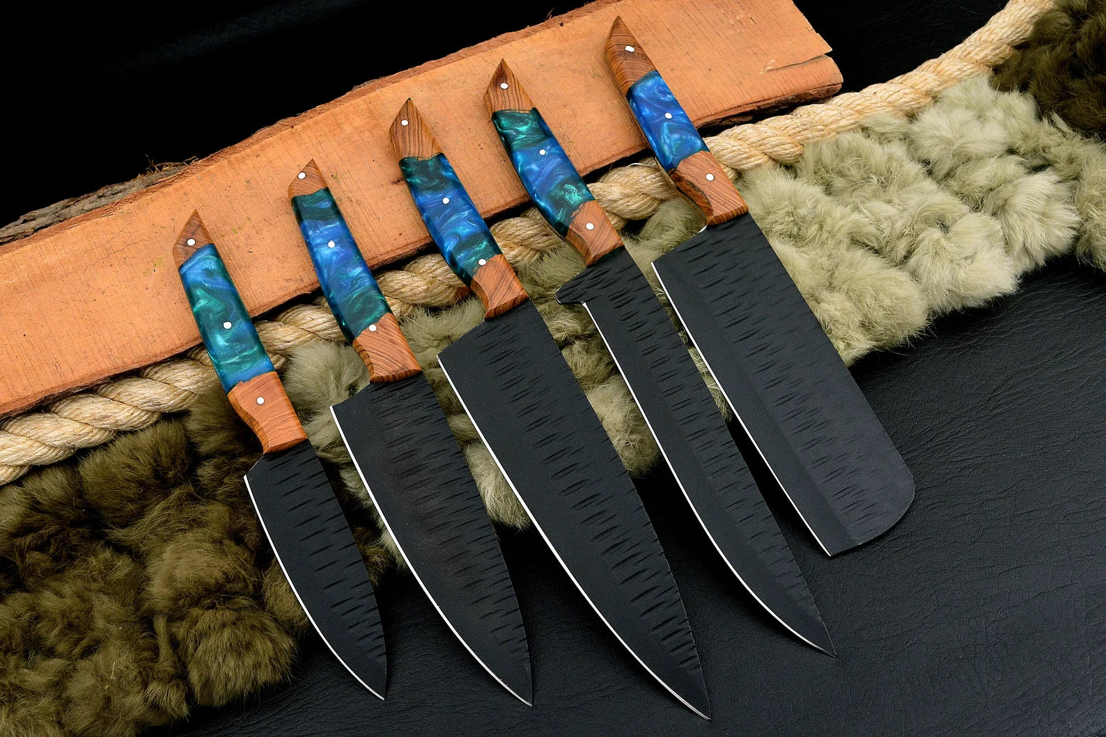 Black Coated Chef Knife Set | 5-Piece | 1095 Steel | Olive Wood & Blue Resin Handle