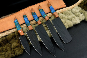 Black Coated Chef Knife Set | 5-Piece | 1095 Steel | Olive Wood & Blue Resin Handle