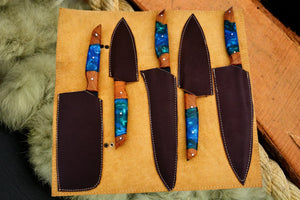 Black Coated Chef Knife Set | 5-Piece | 1095 Steel | Olive Wood & Blue Resin Handle