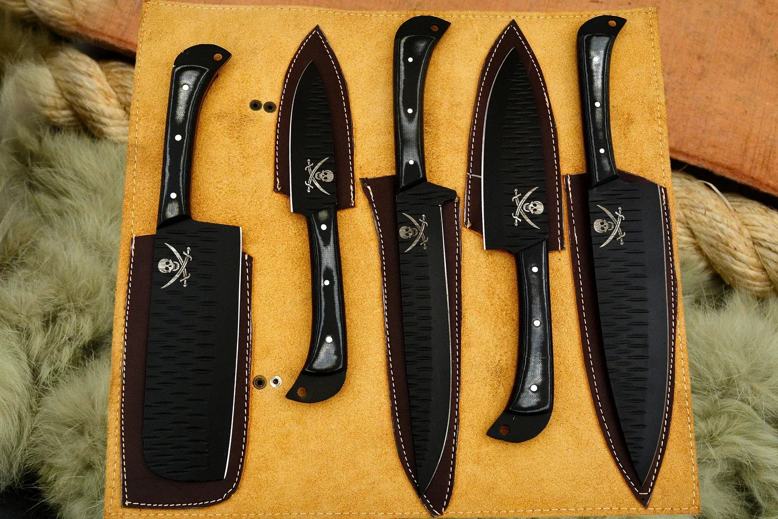 Black Coated Chef Knife Set | 5-Piece | 1095 Steel | Micarta Handle