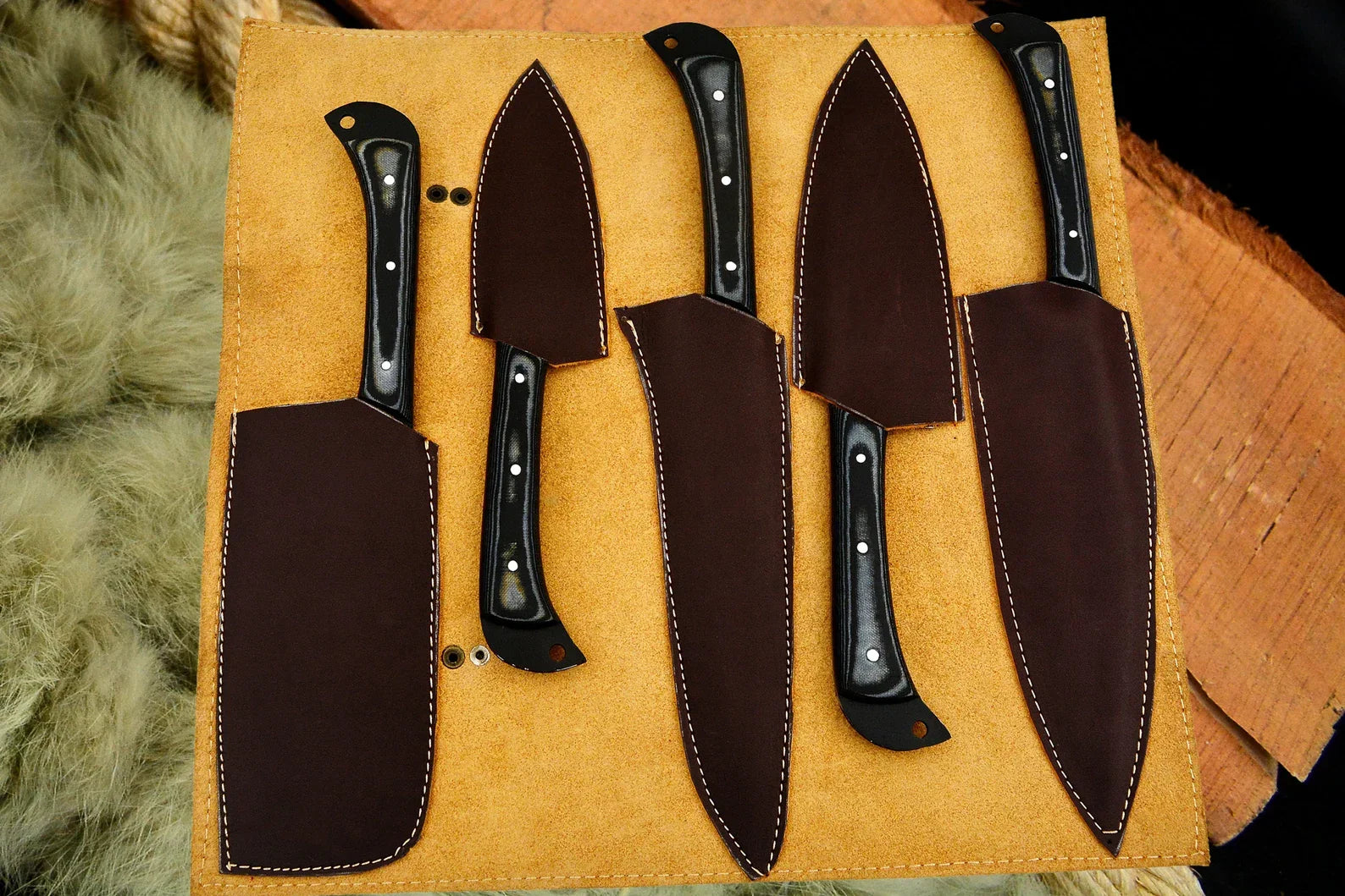Black Coated Chef Knife Set | 5-Piece | 1095 Steel | Micarta Handle