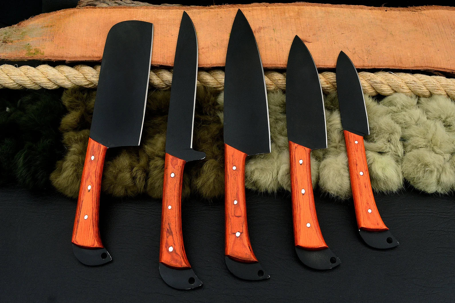 Black Coated Chef Knife Set | 5-Piece | 1095 Steel | Orange Exotic Wood Handle