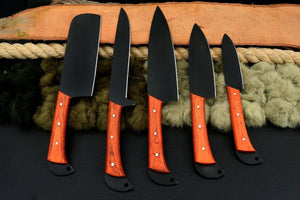 Black Coated Chef Knife Set | 5-Piece | 1095 Steel | Orange Exotic Wood Handle
