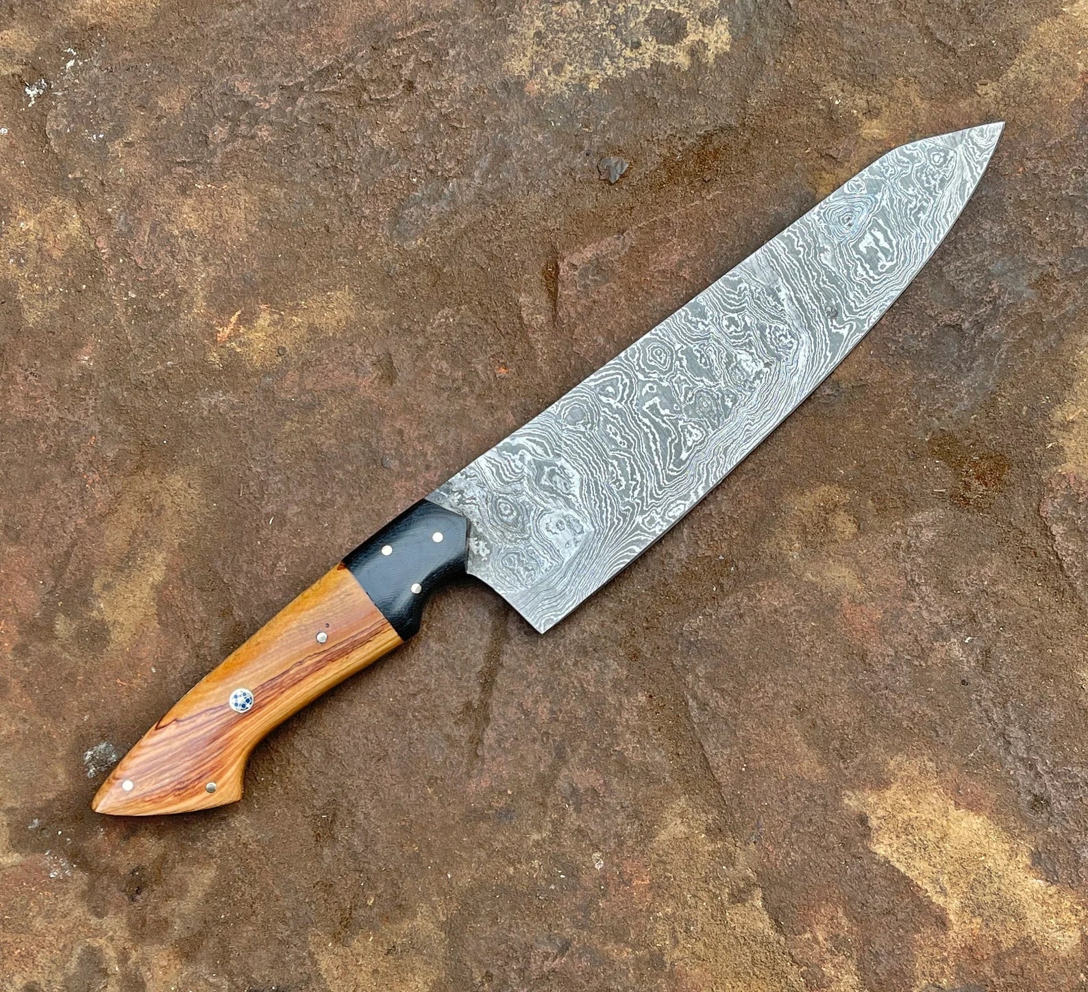 Damascus Chef Knife | 12.5" | Twist Pattern Damascus Steel | Olive Wood & G10 Handle | Leather Sheath
