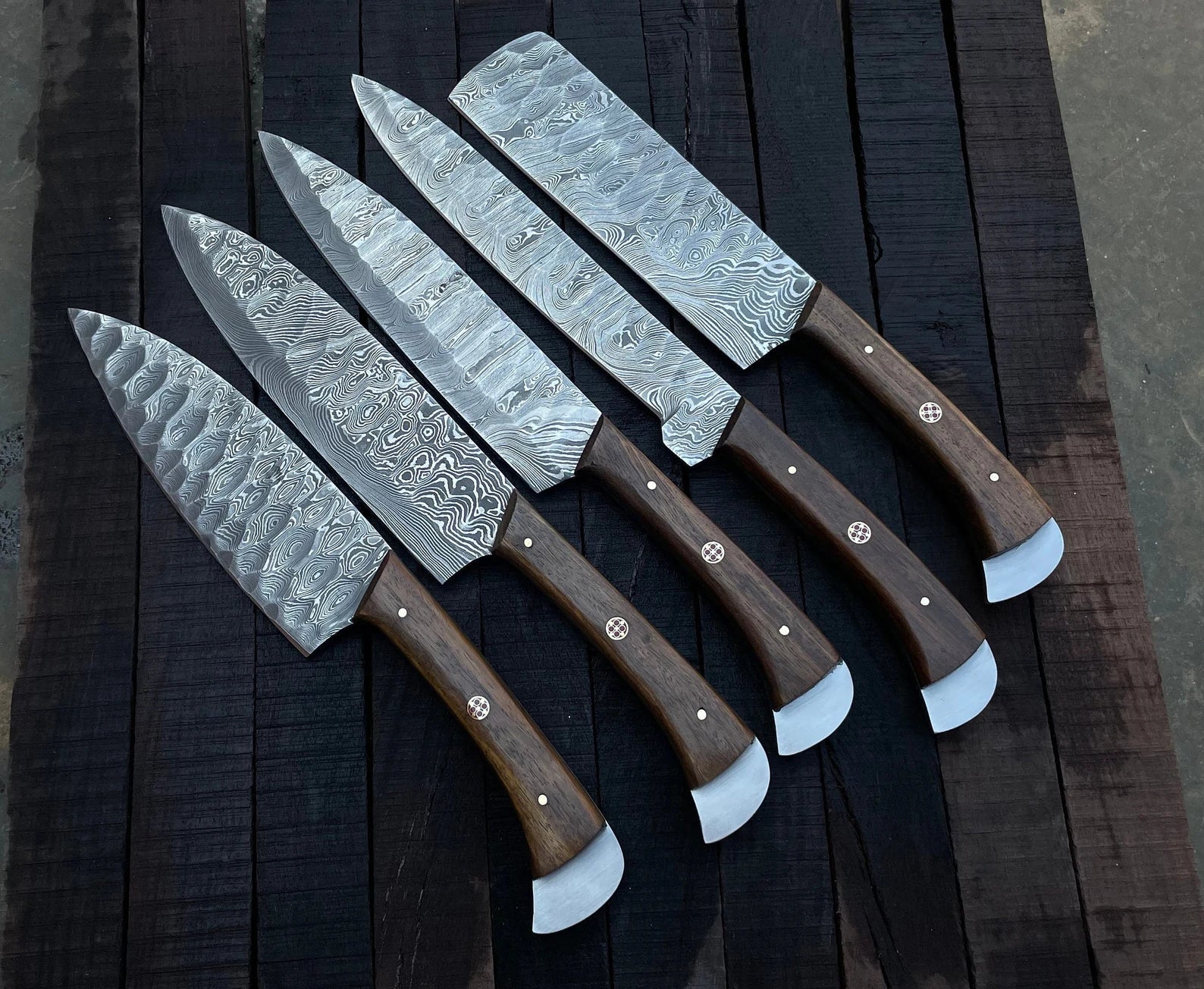 Damascus Chef Knife Set | 5-Piece | Twist Pattern | Rose Wood Handle