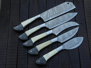 Damascus Chef Knife Set | 5-Piece | Twist Pattern | Camel Bone, Buffalo Horn & Steel Bolster
