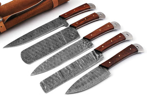 Damascus Chef Knife Set | 5-Piece | Twist Pattern | Rose Wood Handle