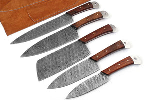 Damascus Chef Knife Set | 5-Piece | Twist Pattern | Rose Wood Handle