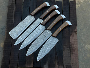 Damascus Chef Knife Set | 5-Piece | Twist Pattern | Rose Wood Handle