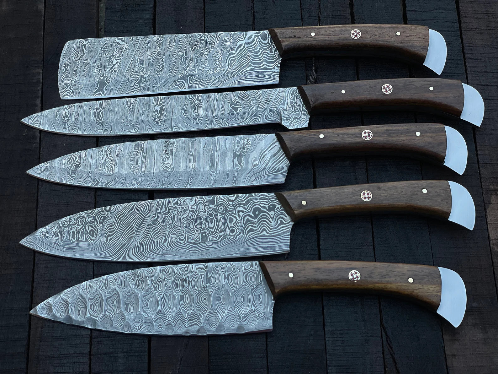 Damascus Chef Knife Set | 5-Piece | Twist Pattern | Rose Wood Handle