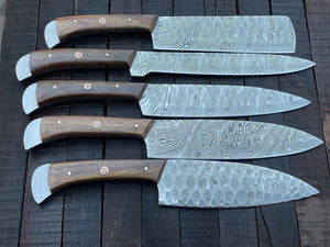 Damascus Chef Knife Set | 5-Piece | Twist Pattern | Rose Wood Handle