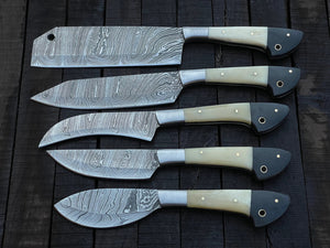 Damascus Chef Knife Set | 5-Piece | Twist Pattern | Camel Bone, Buffalo Horn & Steel Bolster